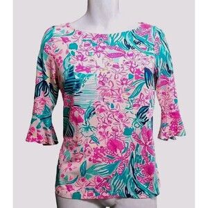 Lilly Pulitzer Top Women's S Tropical Floral Bell Sleeve Soft Stretch Pullover